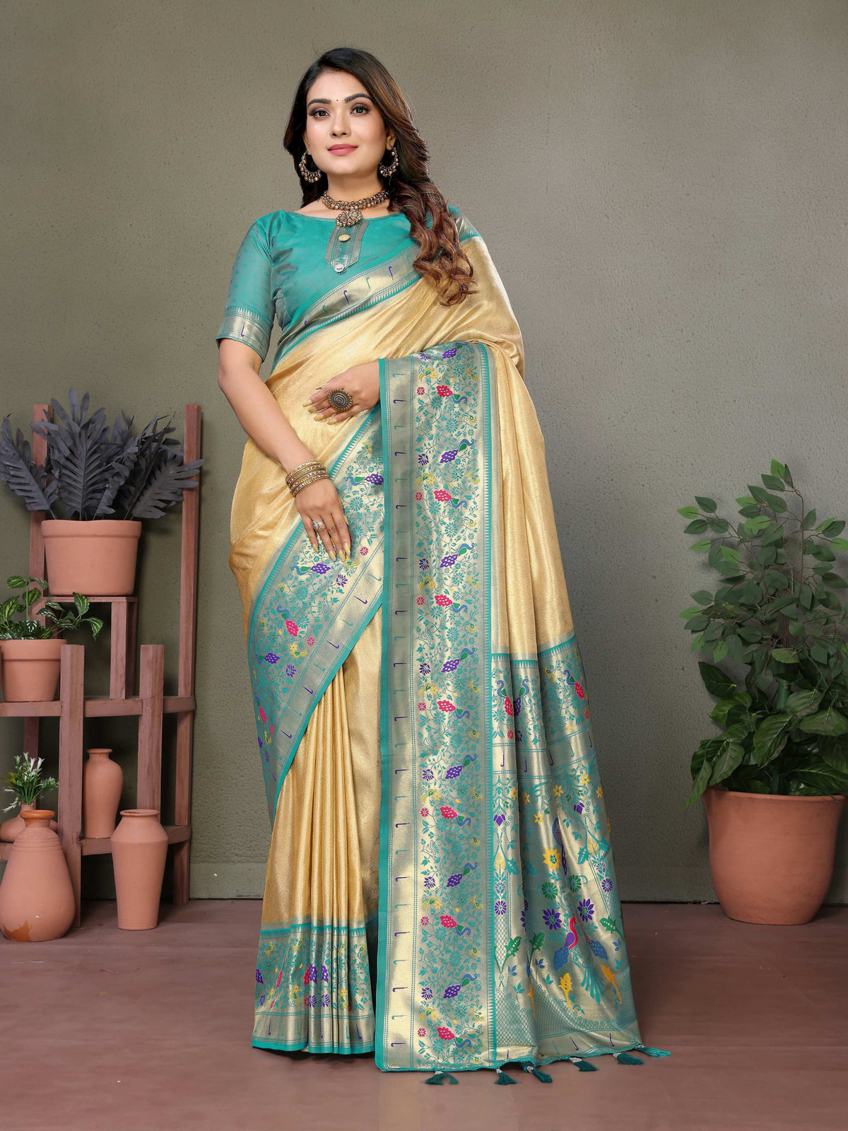 Cream Tissue Silk Saree with traditional Paithani woven designs