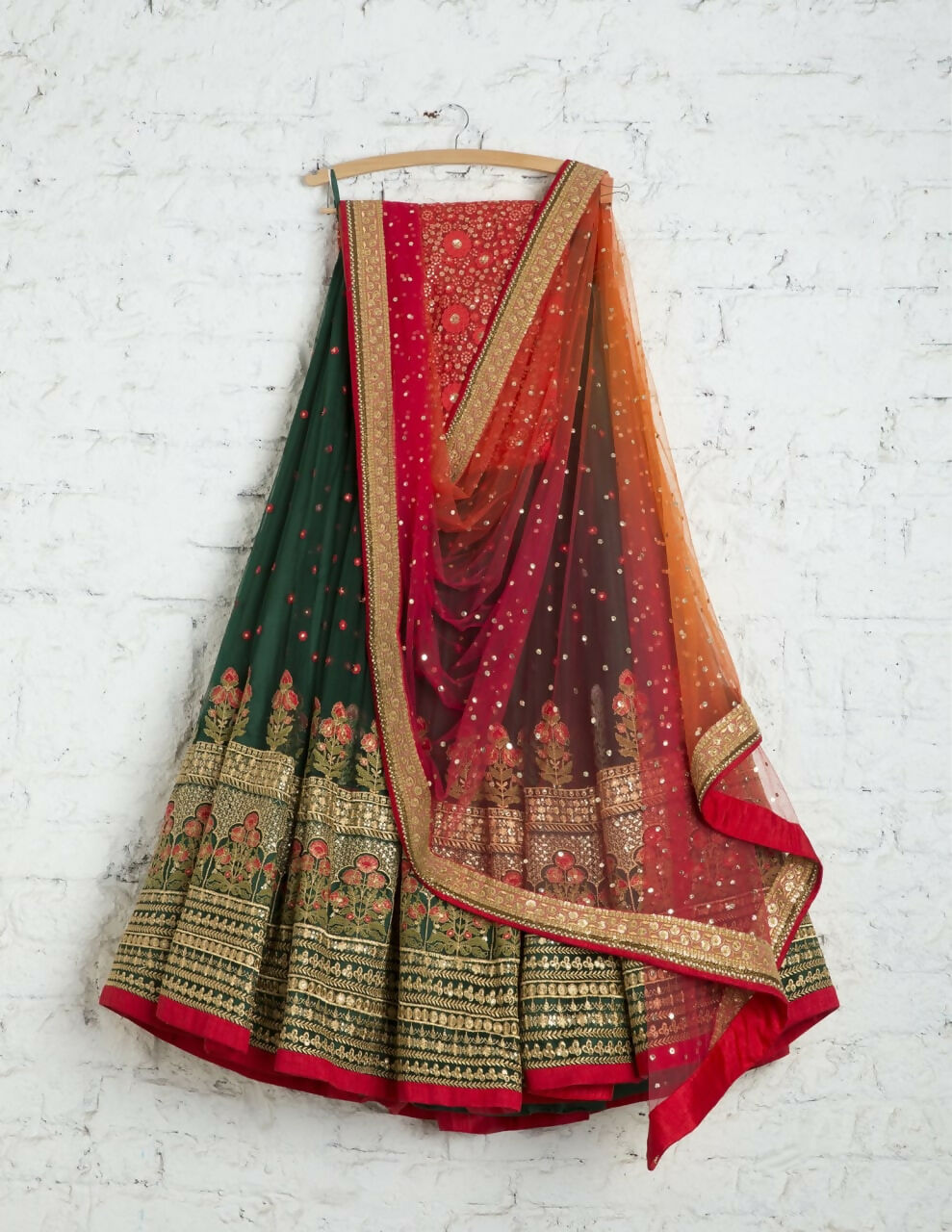 Red & Bottle Green Thread Embroidered Georgette Lehenga Choli