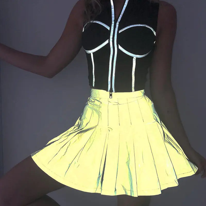 Reflective Pleated Skirt with Zipper for Women
