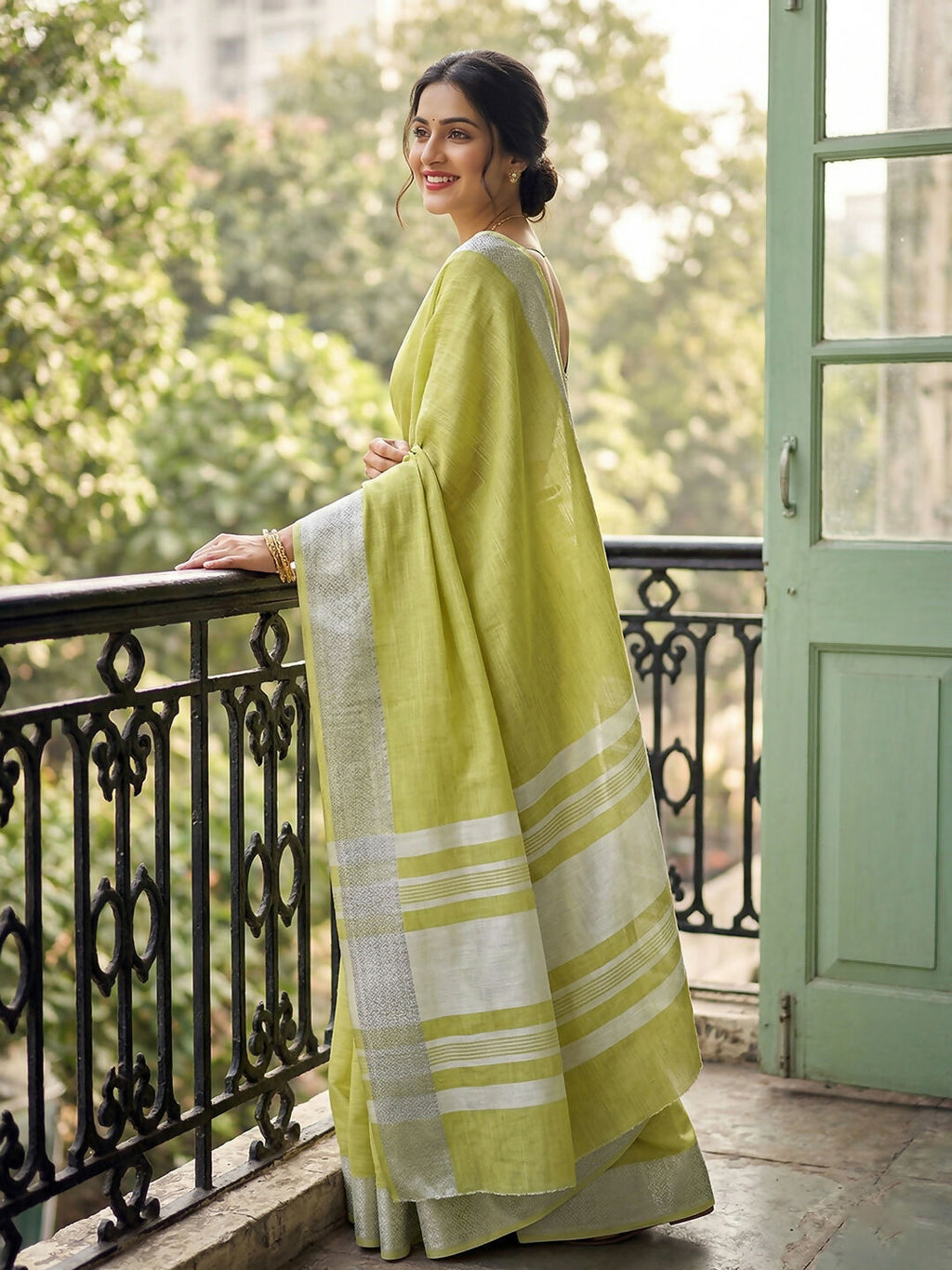 Popat Green Linen Saree with Matching Blouse Piece
