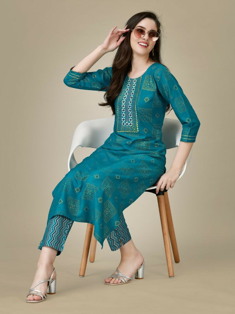 Women's Rama Rayon Embroidered Straight Kurta and Pant Set