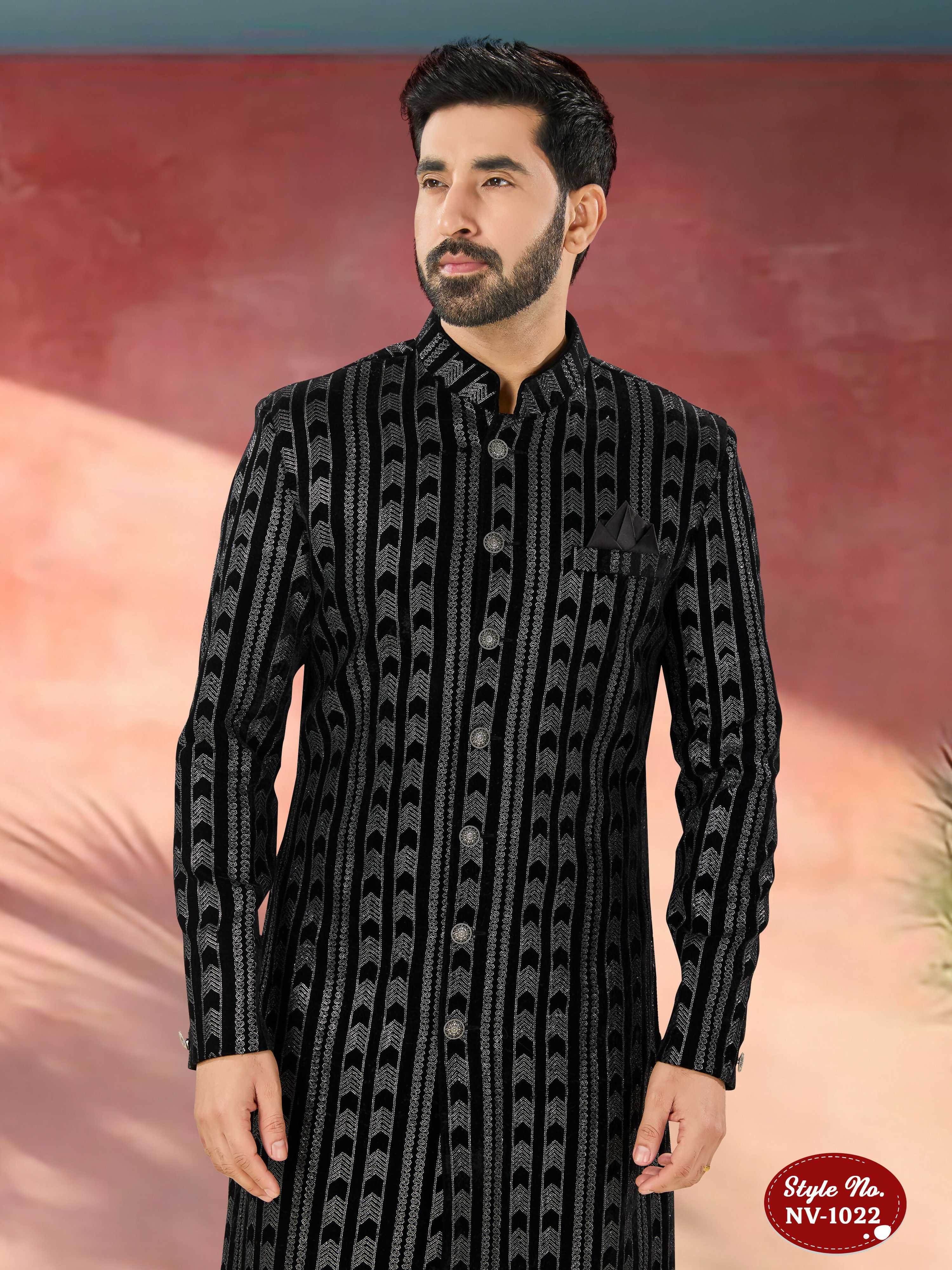 Men's Black Velvet Indo-Western Kurta Set with Sequin Embroidery