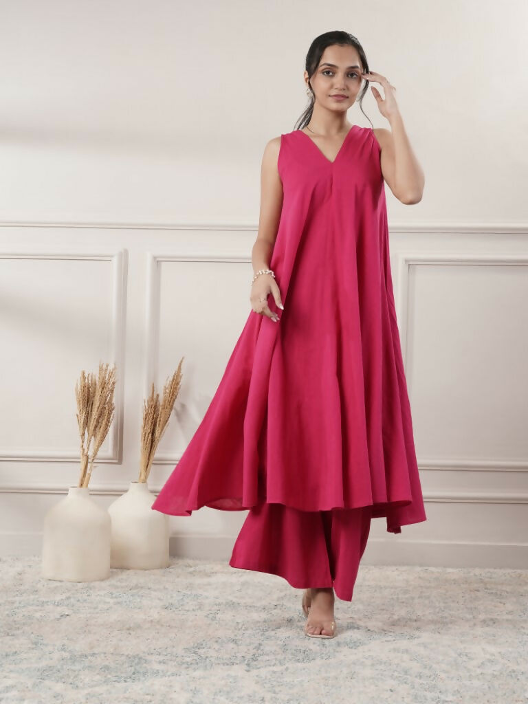 Fuchsia Cotton A-Line Midi Dress and Pants Set