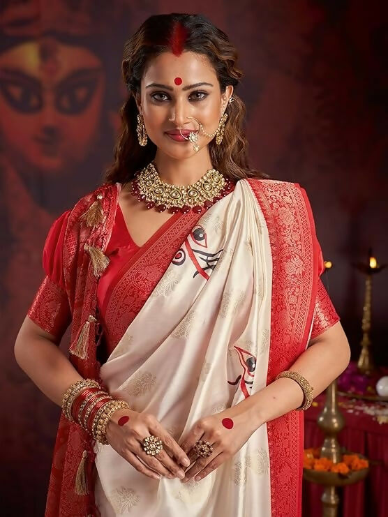 Off White Satin Silk Saree with Floral Print and Red Blouse
