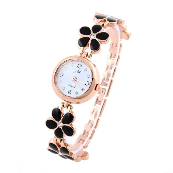 Women's Rose Gold Quartz Bracelet Watch with Floral Links - Image 5