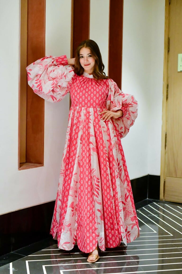 Women's Pink Floral Digital Print Cotton Silk Floor Length Anarkali