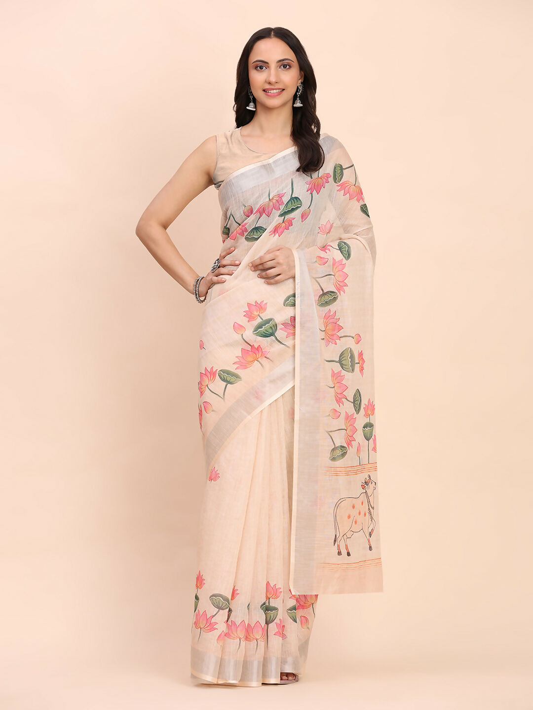 Peach Linen Cotton Saree with Matching Blouse Piece