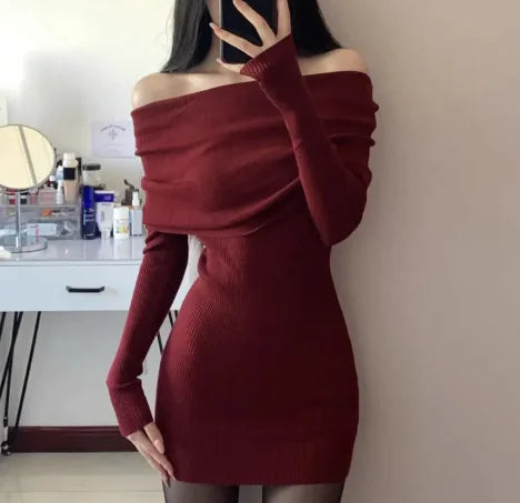 Women's Maroon Off-Shoulder Ribbed Knit Long Sleeve Mini Dress - Image 10
