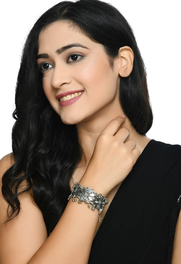 Kamal Johar Oxidised Silver-Plated Mirror Work Cuff Bracelet
