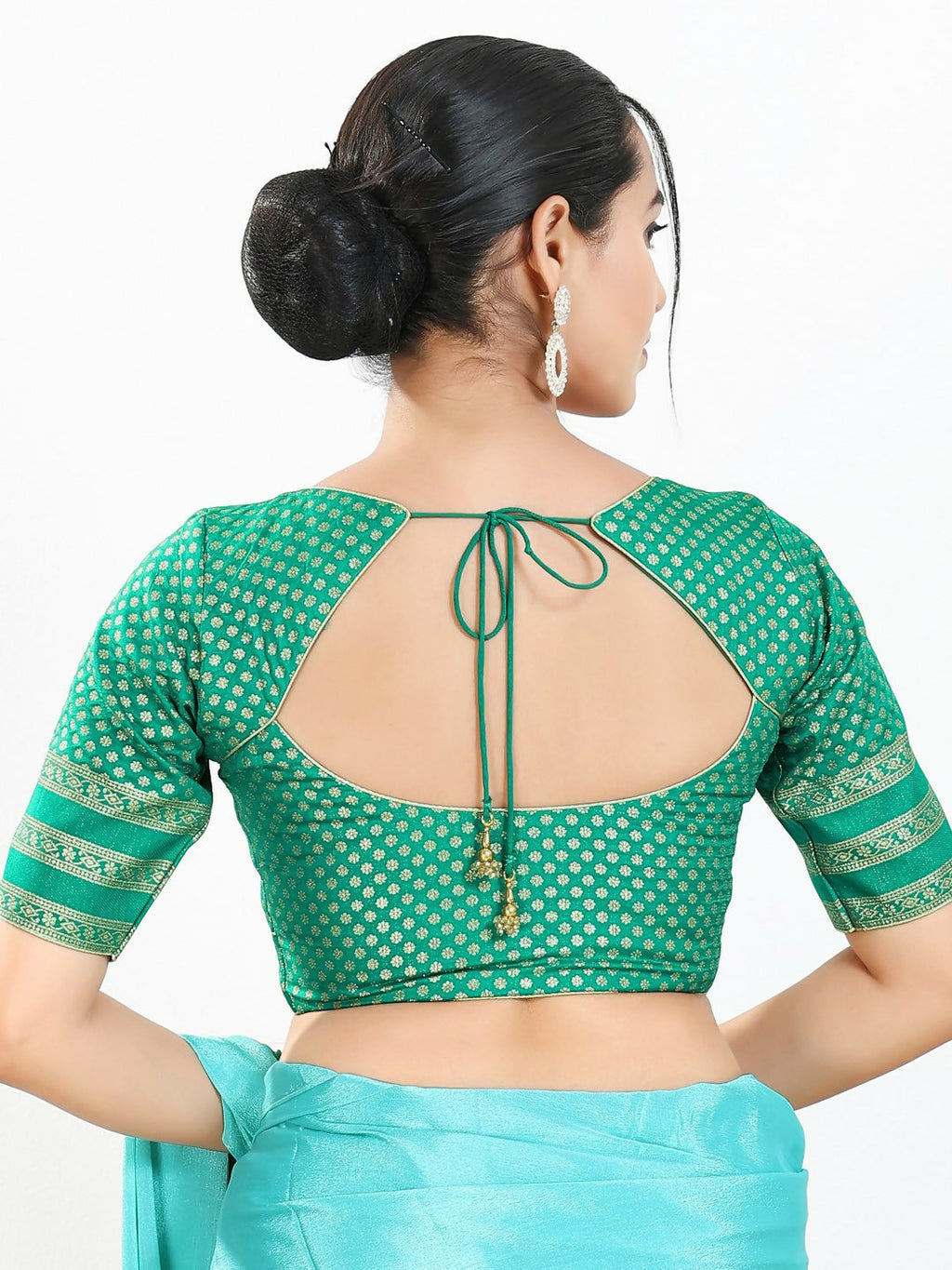 Rama Green Brocade Blouse with Round Neck & Elbow Sleeves