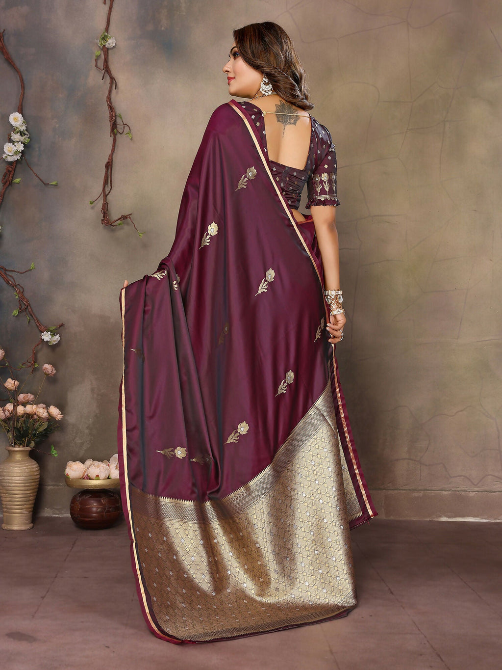 Maroon Floral and Botanical Motif Satin Silk Banarasi Saree