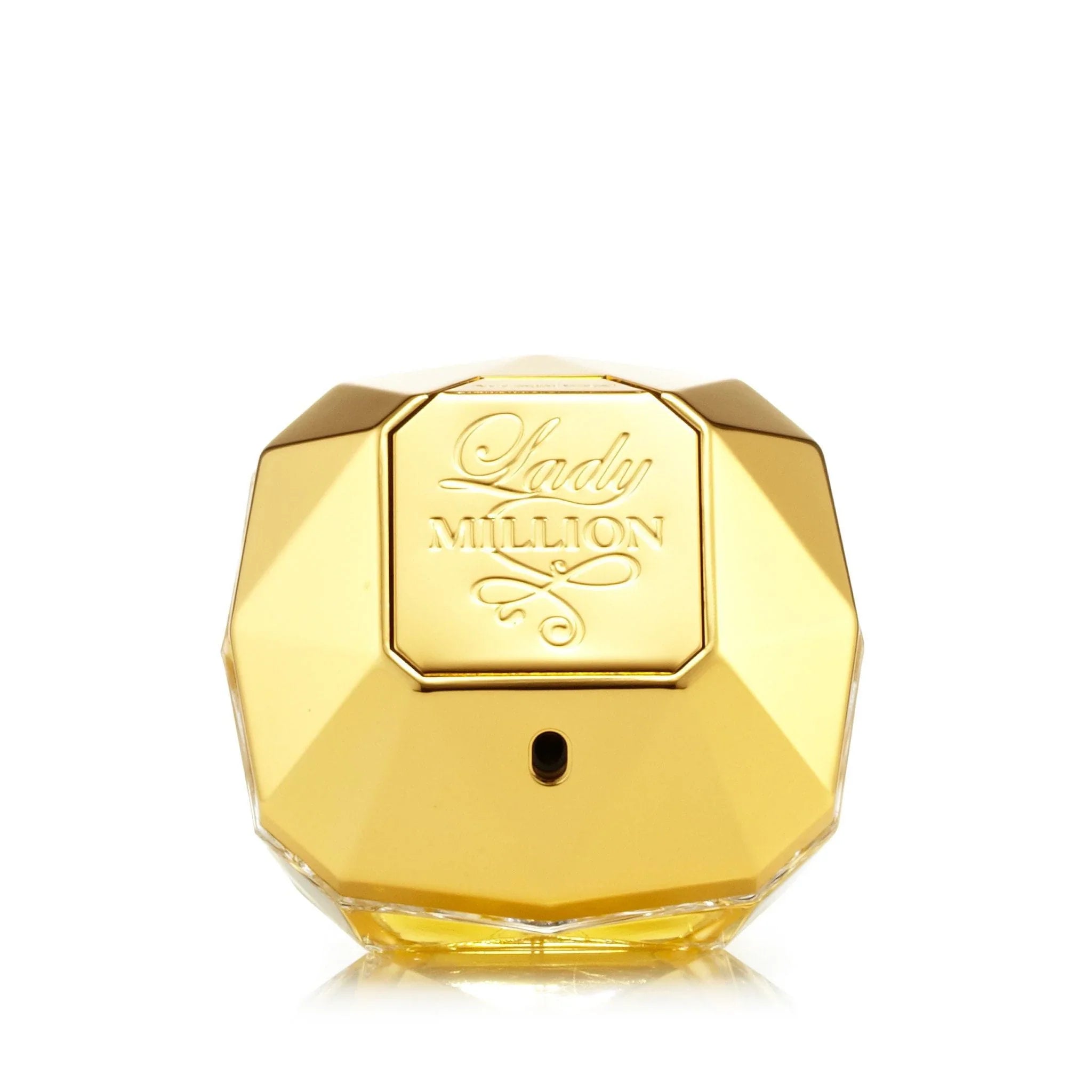 Rabanne Lady Million Eau de Parfum spray bottle in a diamond-shaped gold design