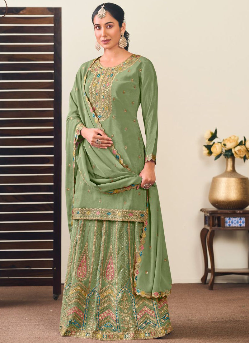 Pista Green Chinon Silk Lehenga Style Suit with heavy gota patti embroidery
