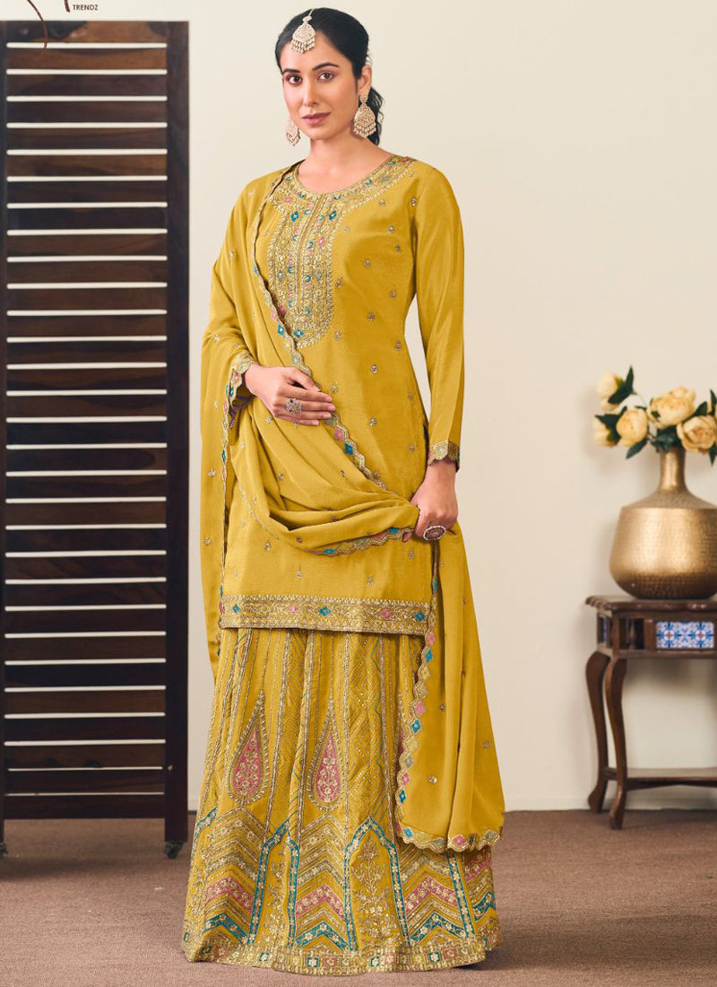 Bright Yellow Chinon Silk Lehenga Style Suit with elegant gota patti embroidery
