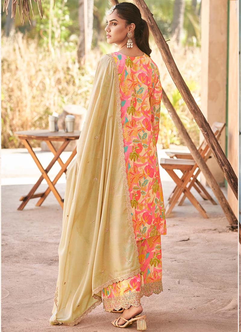 Cream Premium Chinon Embroidered Palazzo Suit Set