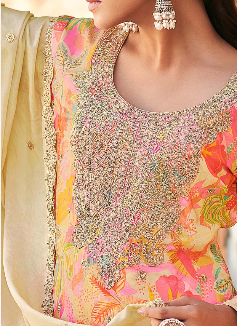 Cream Premium Chinon Embroidered Palazzo Suit Set
