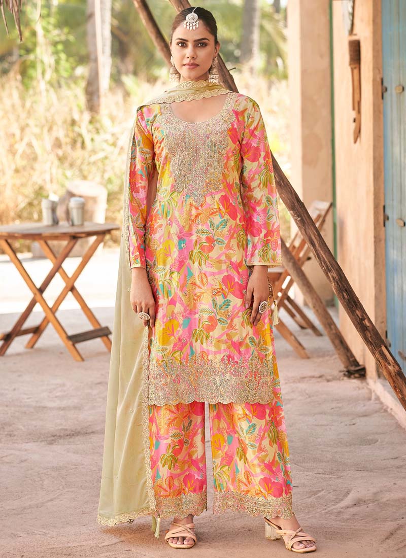 Cream premium Chinon palazzo suit with heavy embroidery and hand work