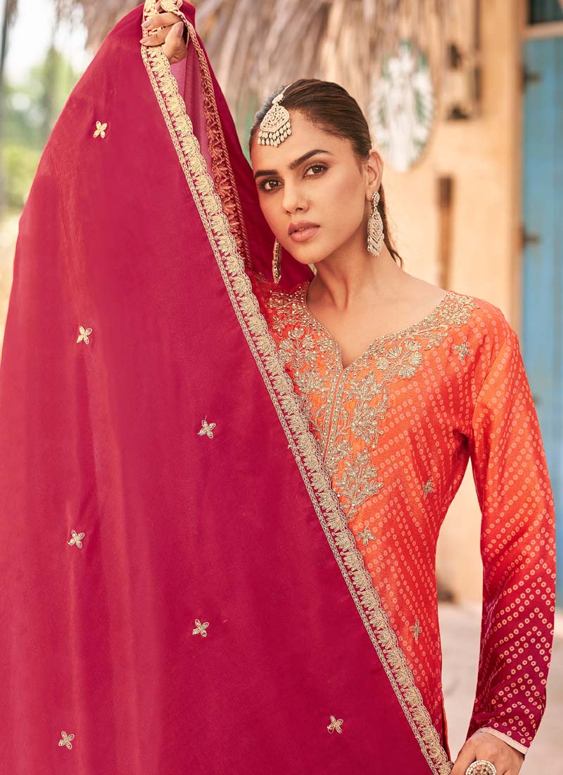 Red Premium Chinon Embroidered Palazzo Suit Set