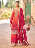 Red premium Chinon palazzo suit with detailed hand-work and embroidery