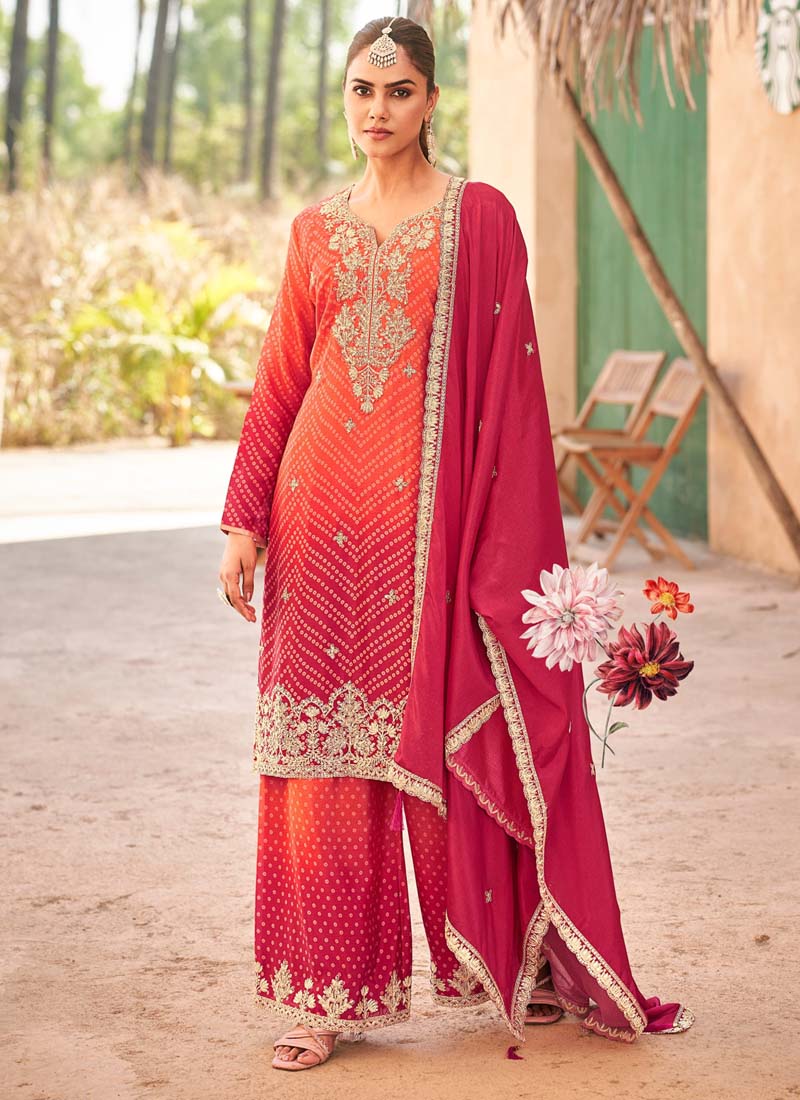 Red premium Chinon palazzo suit with detailed hand-work and embroidery