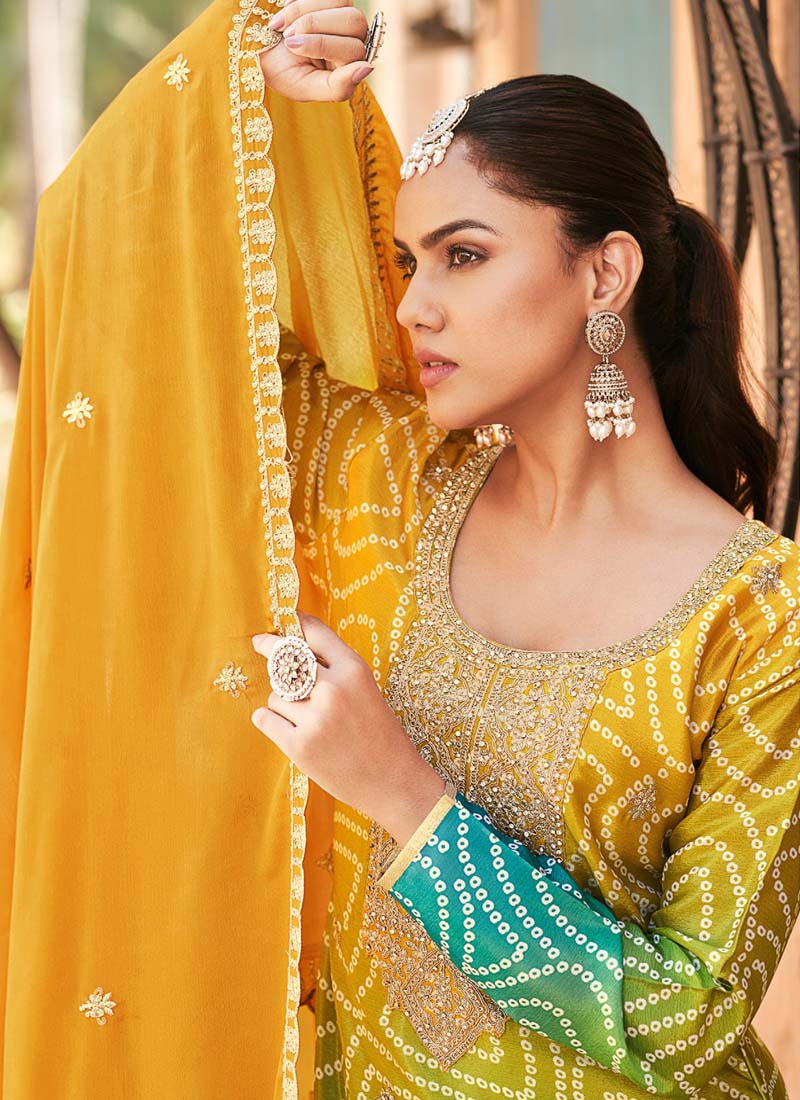 Yellow Premium Chinon Embroidered Palazzo Suit Set