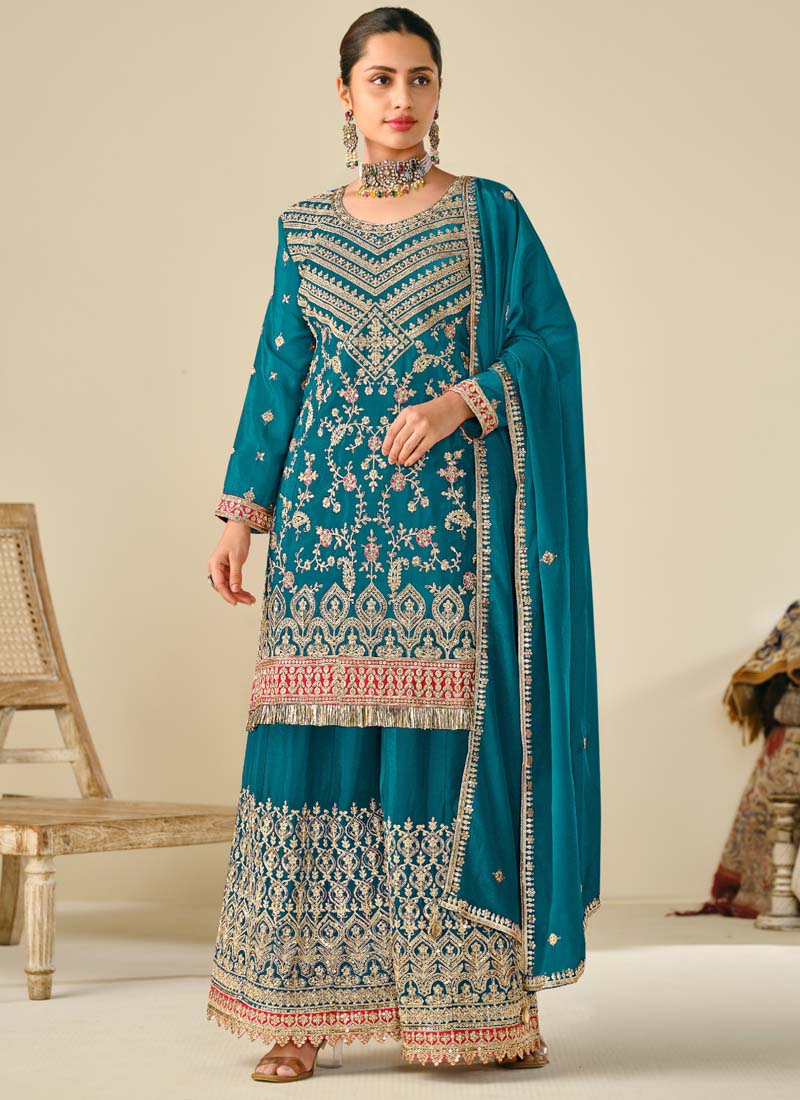 Rama color premium Chinon palazzo suit with heavy embroidery work and flowing flare
