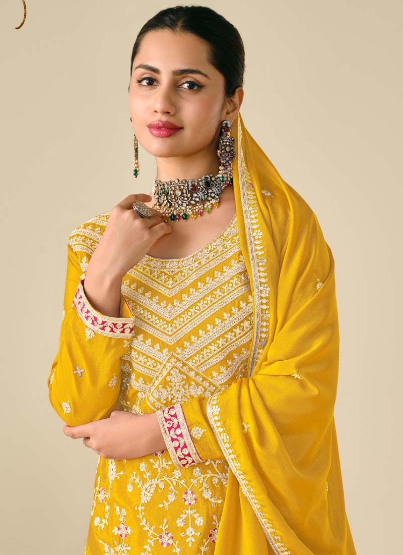 Yellow Premium Chinon Embroidered Palazzo Suit Set