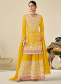 Yellow premium Chinon palazzo suit with heavy embroidery work