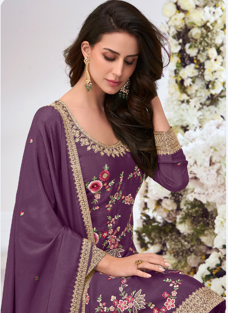 Purple Chinon Silk Embroidered Palazzo Suit for Festive Wear