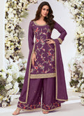 Elegant Purple Chinon Silk Palazzo Suit with embroidery and gota patti embellishments.