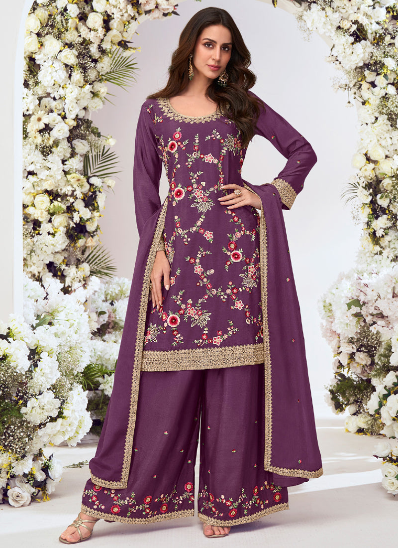 Elegant Purple Chinon Silk Palazzo Suit with embroidery and gota patti embellishments.