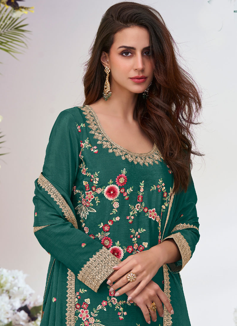 Green Chinon Silk Embroidered Palazzo Suit for Festivals