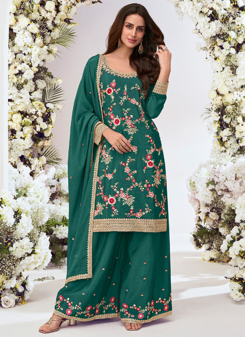 Green Chinon Silk Palazzo Suit with delicate embroidery and gota patti work for wedding events