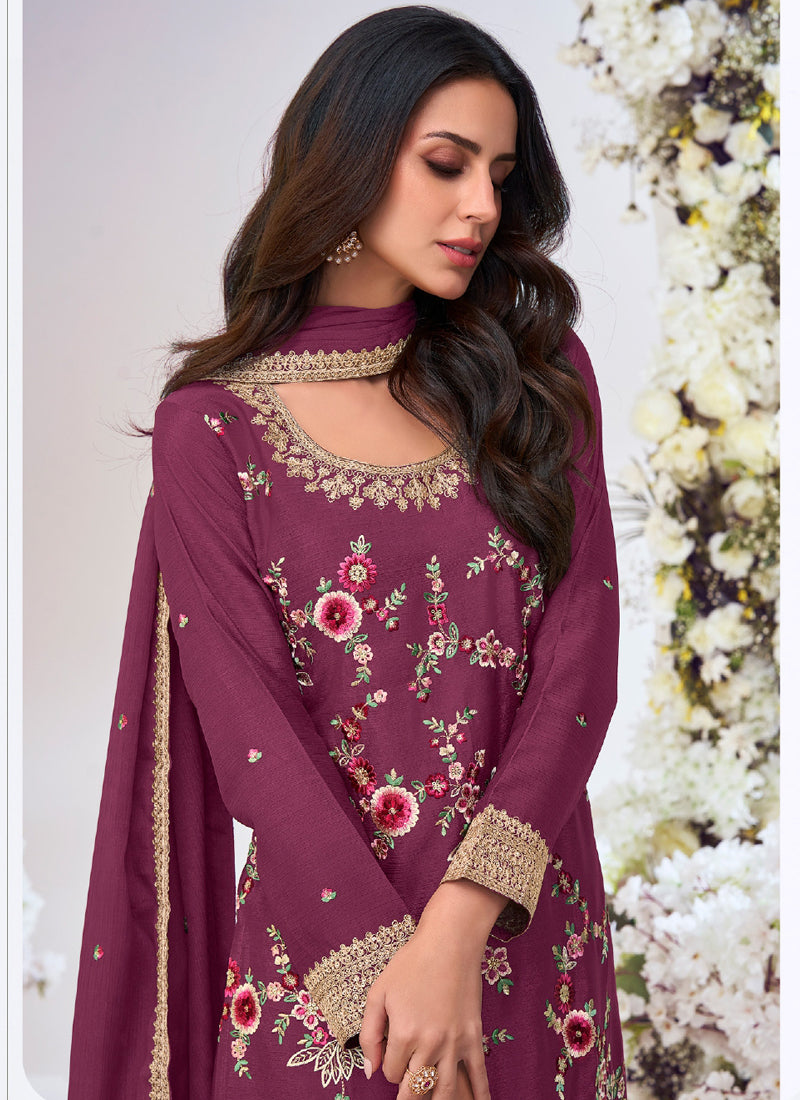 Wine Chinon Silk Embroidered Palazzo Suit for Wedding