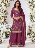 Wine Chinon Silk palazzo suit with intricate gold embroidery and gota patti detail