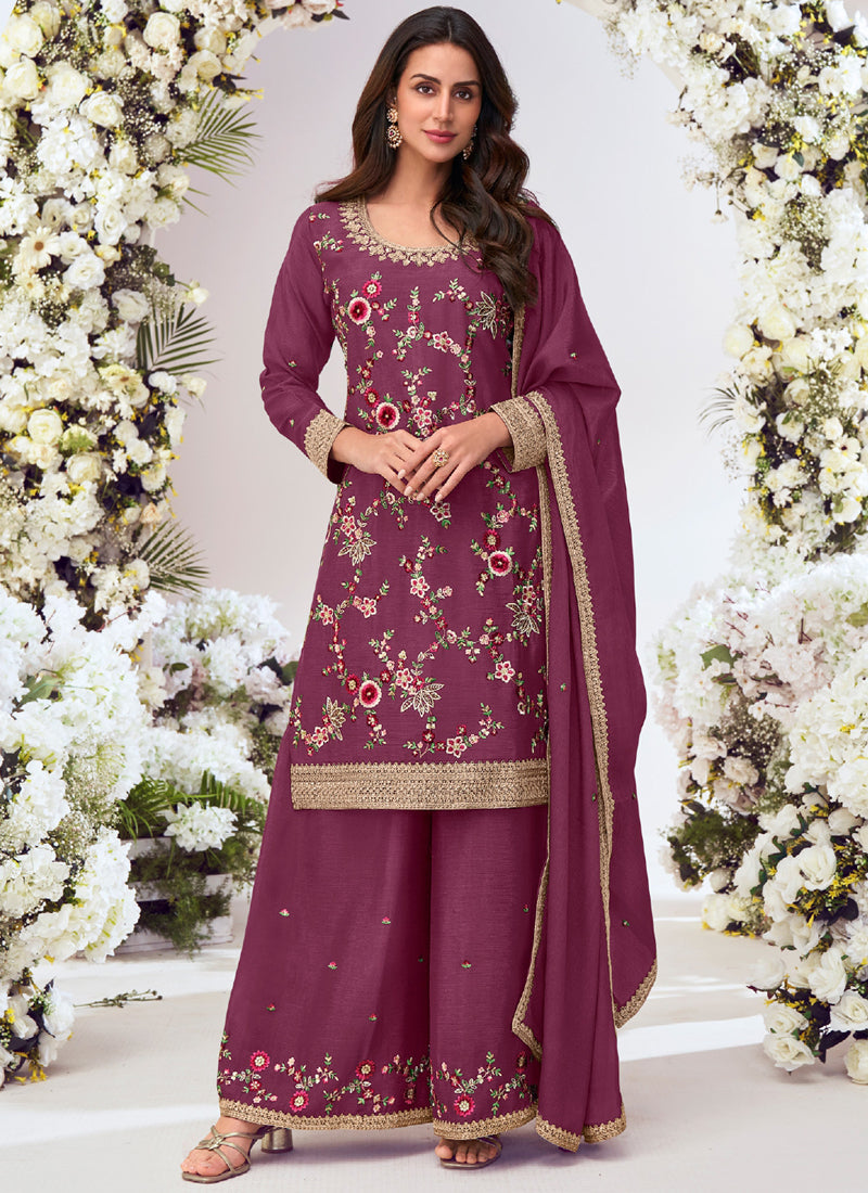 Wine Chinon Silk palazzo suit with intricate gold embroidery and gota patti detail