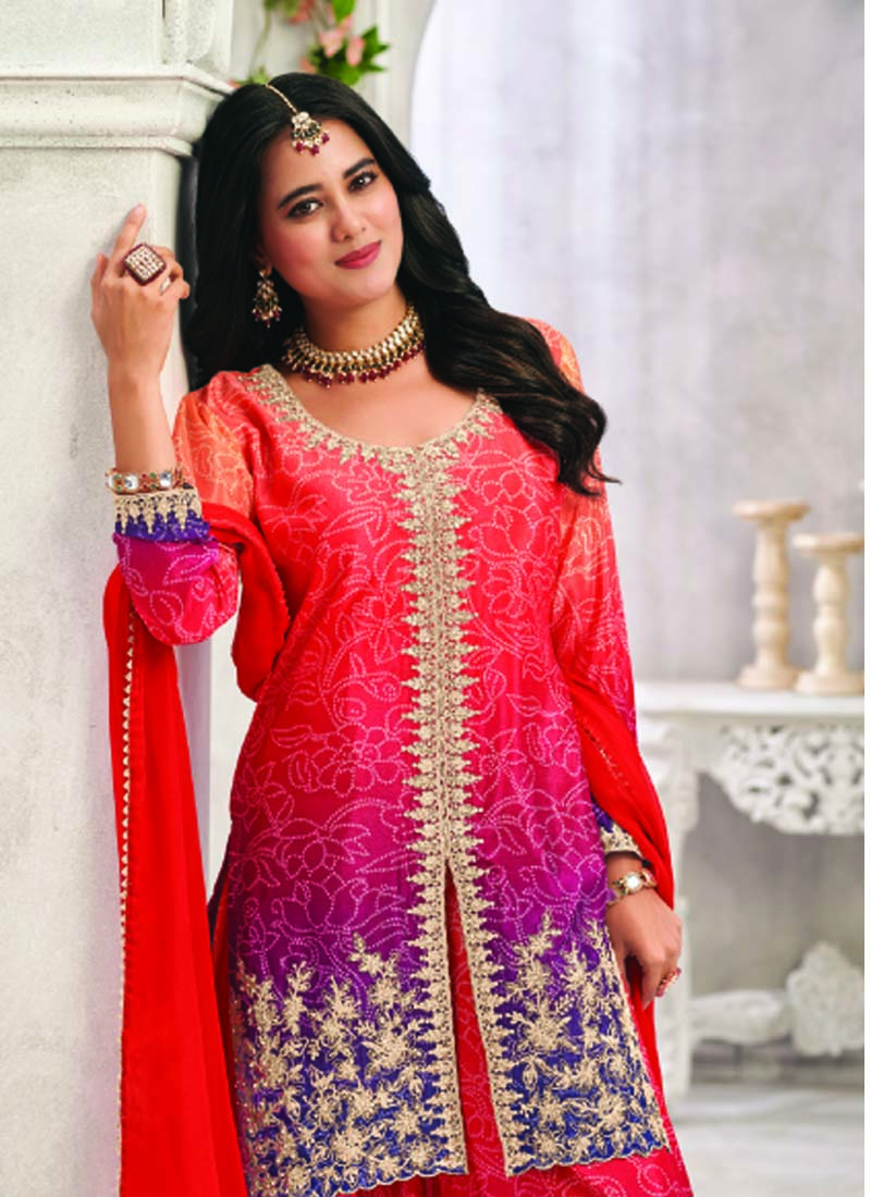 Red Premium Chinon Embroidered Palazzo Suit for Festive Wear