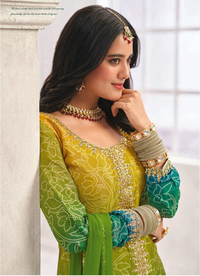 Green Premium Chinon Embroidered Palazzo Suit Set