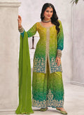 Green premium Chinon palazzo suit featuring heavy hand-work and intricate embroidery.