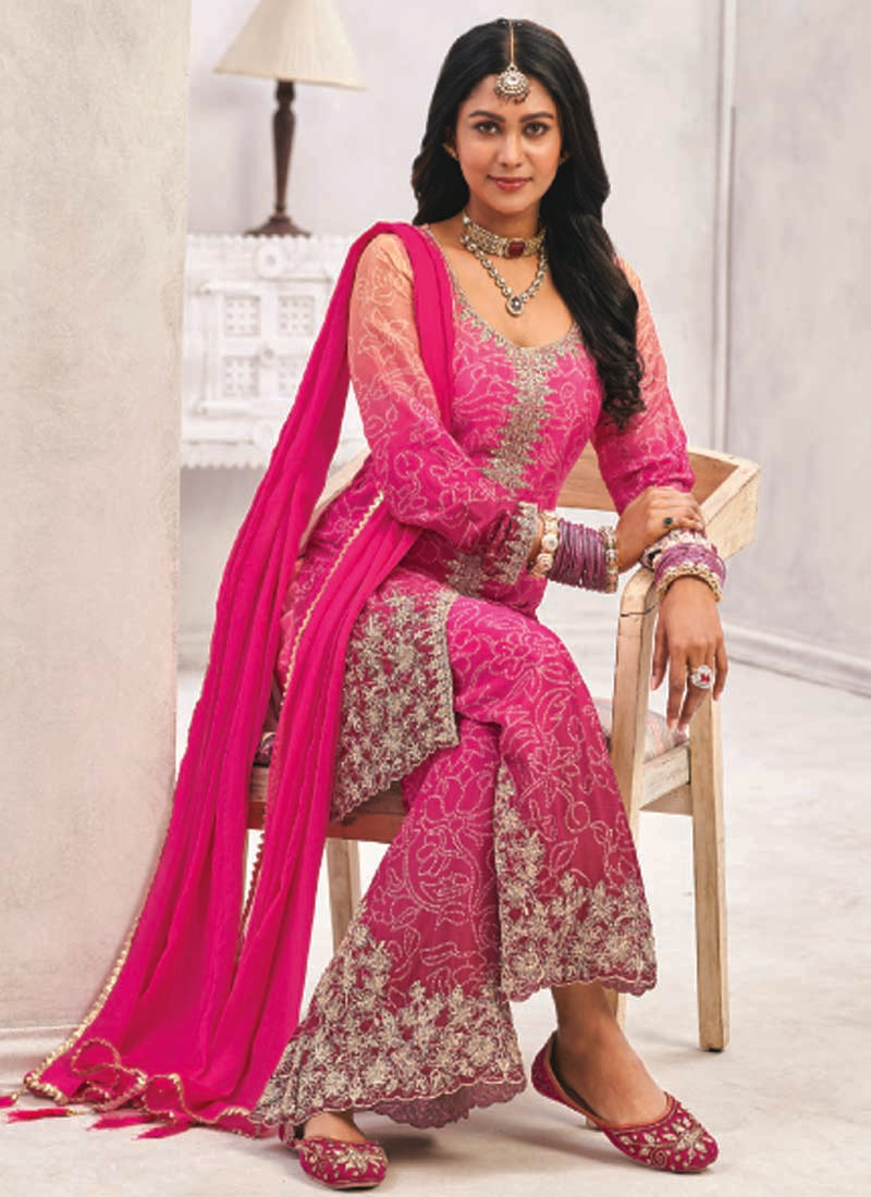 Pink Premium Chinon Embroidered Palazzo Suit Set