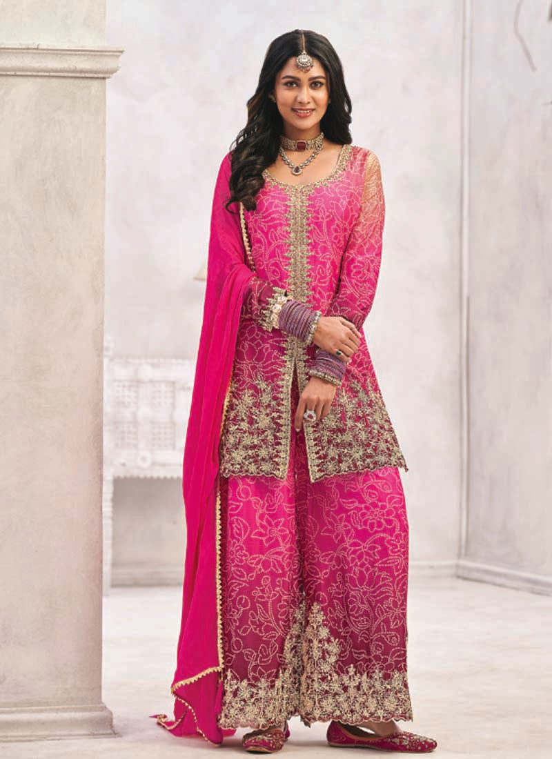 Pink premium Chinon palazzo suit with heavy hand embroidery