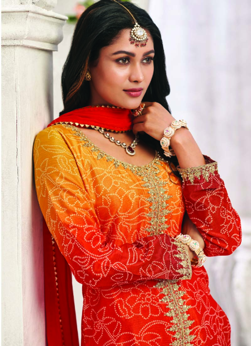 Orange Premium Chinon Embroidered Palazzo Suit Set