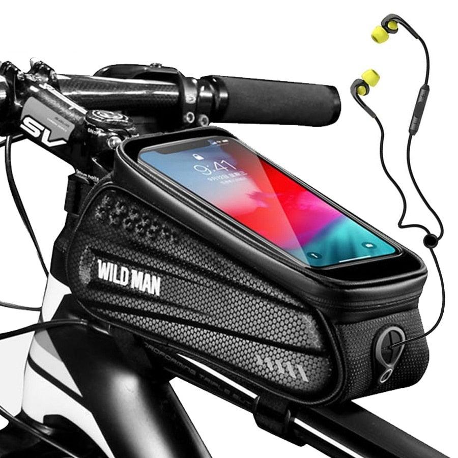 Black rainproof bicycle top tube bag with a clear 6.5-inch touchscreen phone compartment mounted on a bike frame.