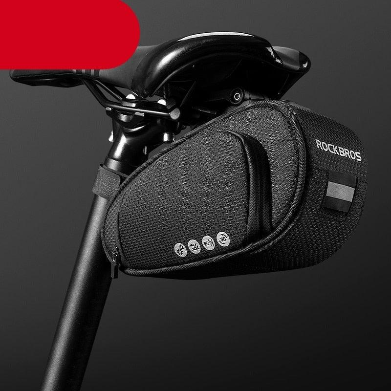 Stevvex rainproof bike seat bag mounted under a bicycle saddle