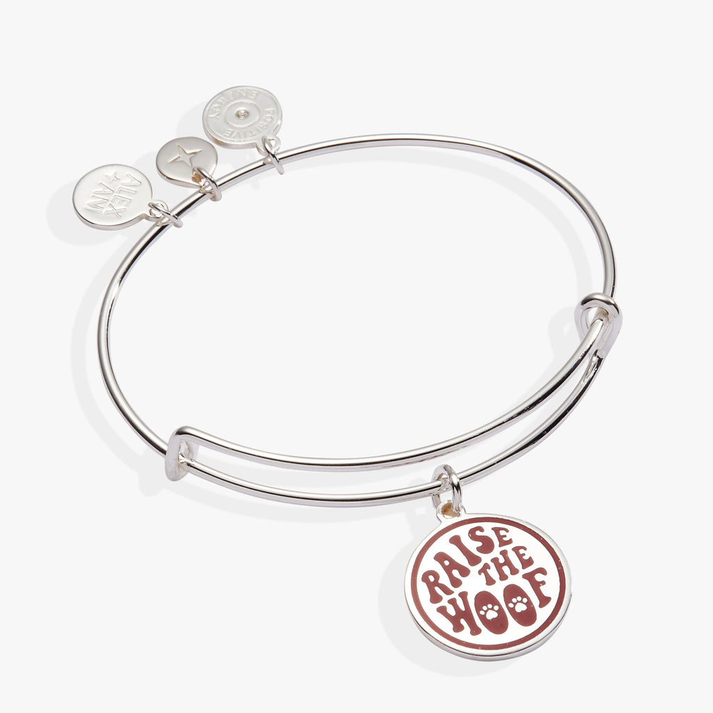 Expandable wire bangle featuring a silver and maroon Raise the Woof dog charm.