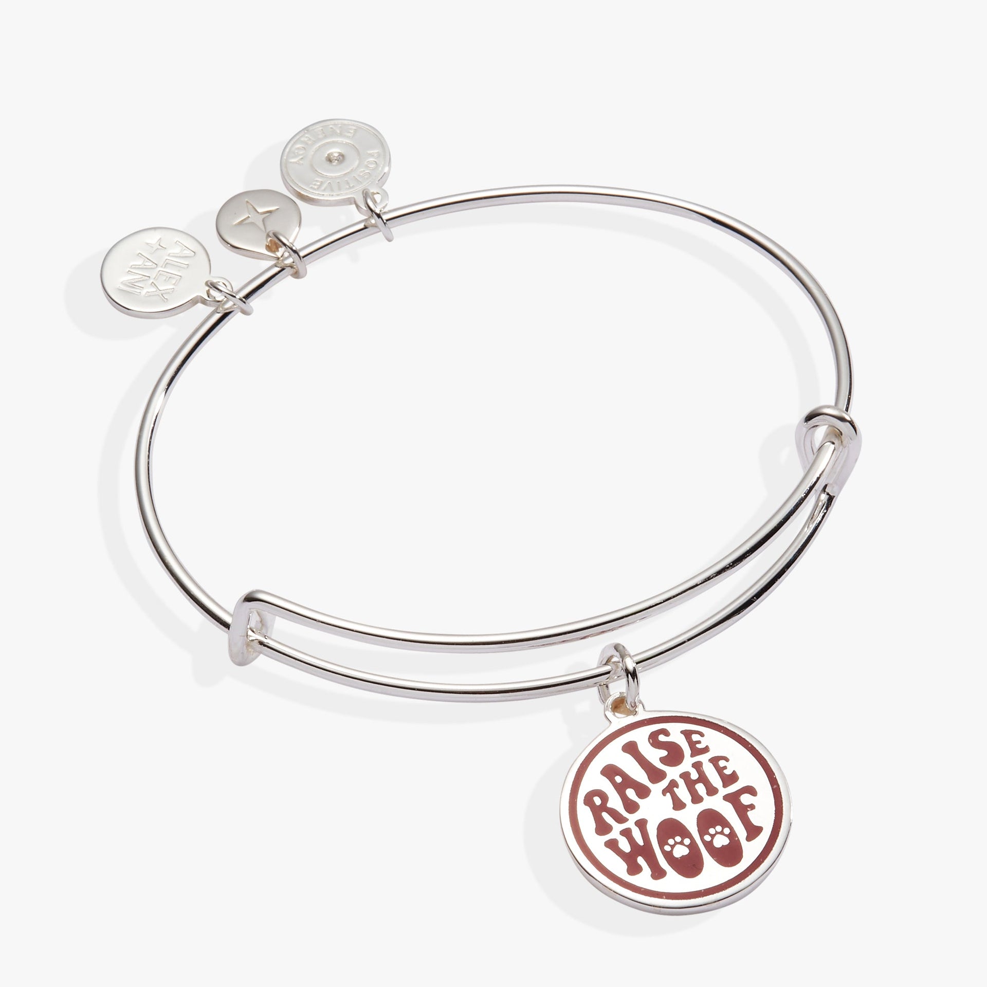 Expandable wire bangle featuring a silver and maroon Raise the Woof dog charm.