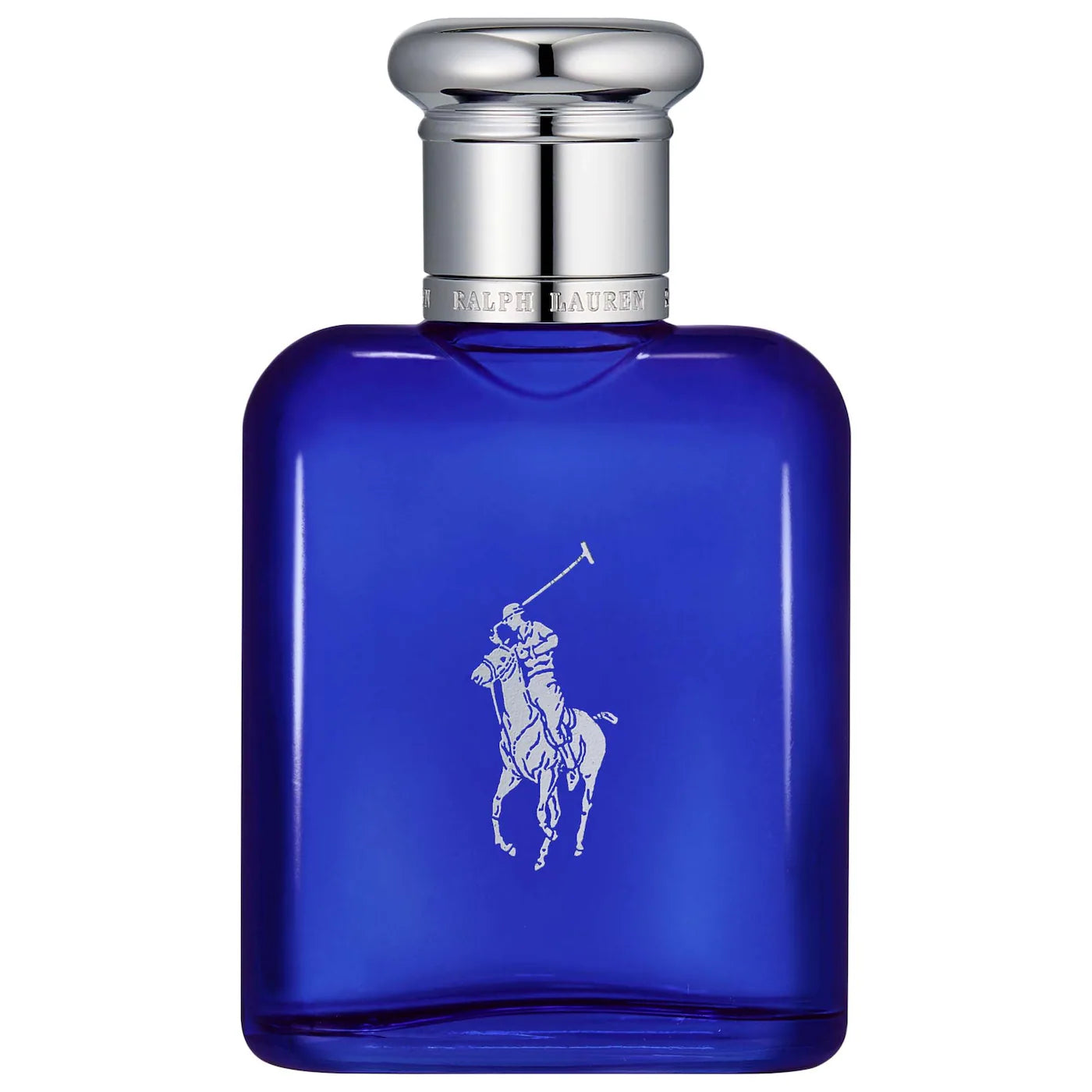 Ralph Lauren Polo Blue Eau de Toilette 4.2 oz bottle in deep blue glass.
