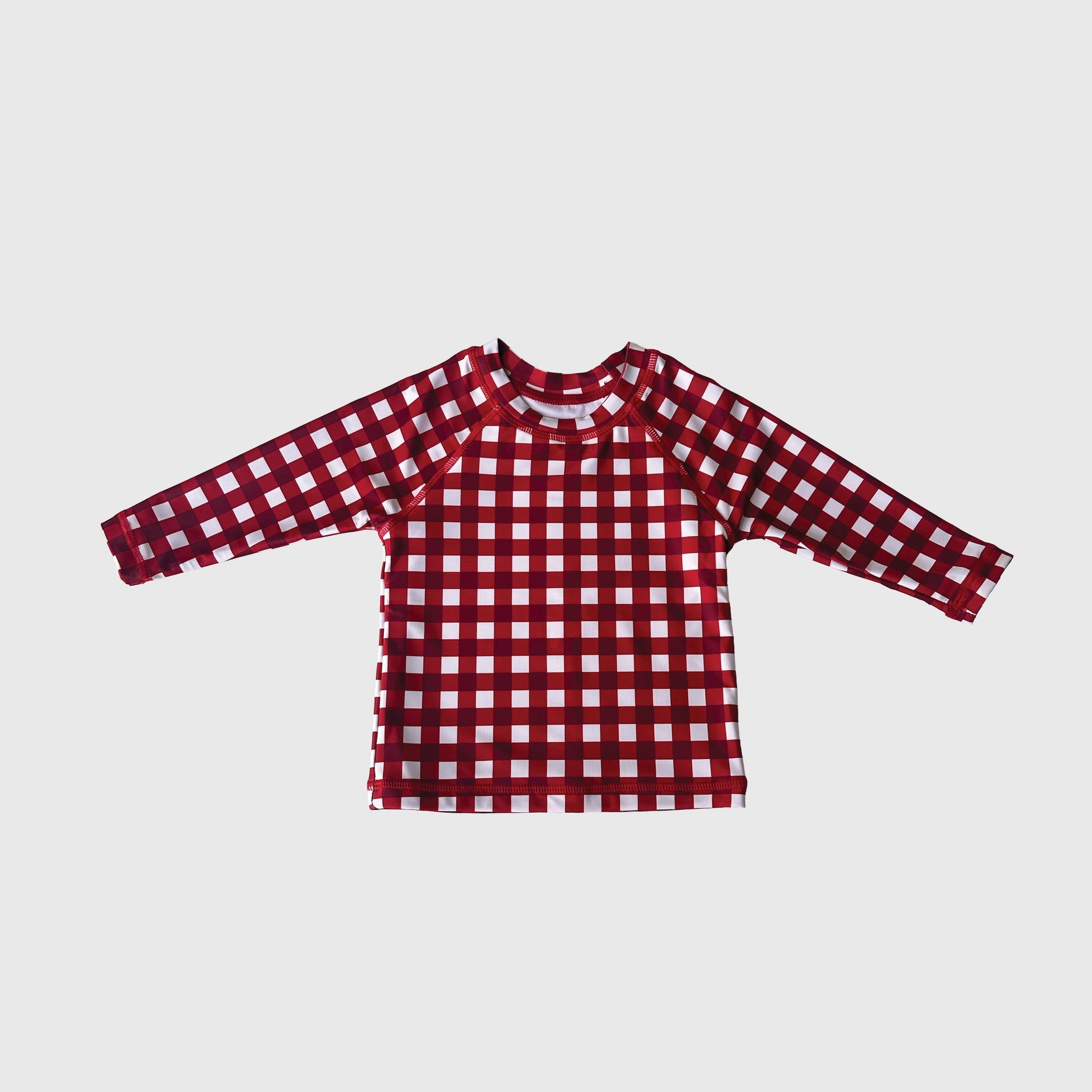 Kids scarlet and white gingham print long sleeve rash guard for swimwear