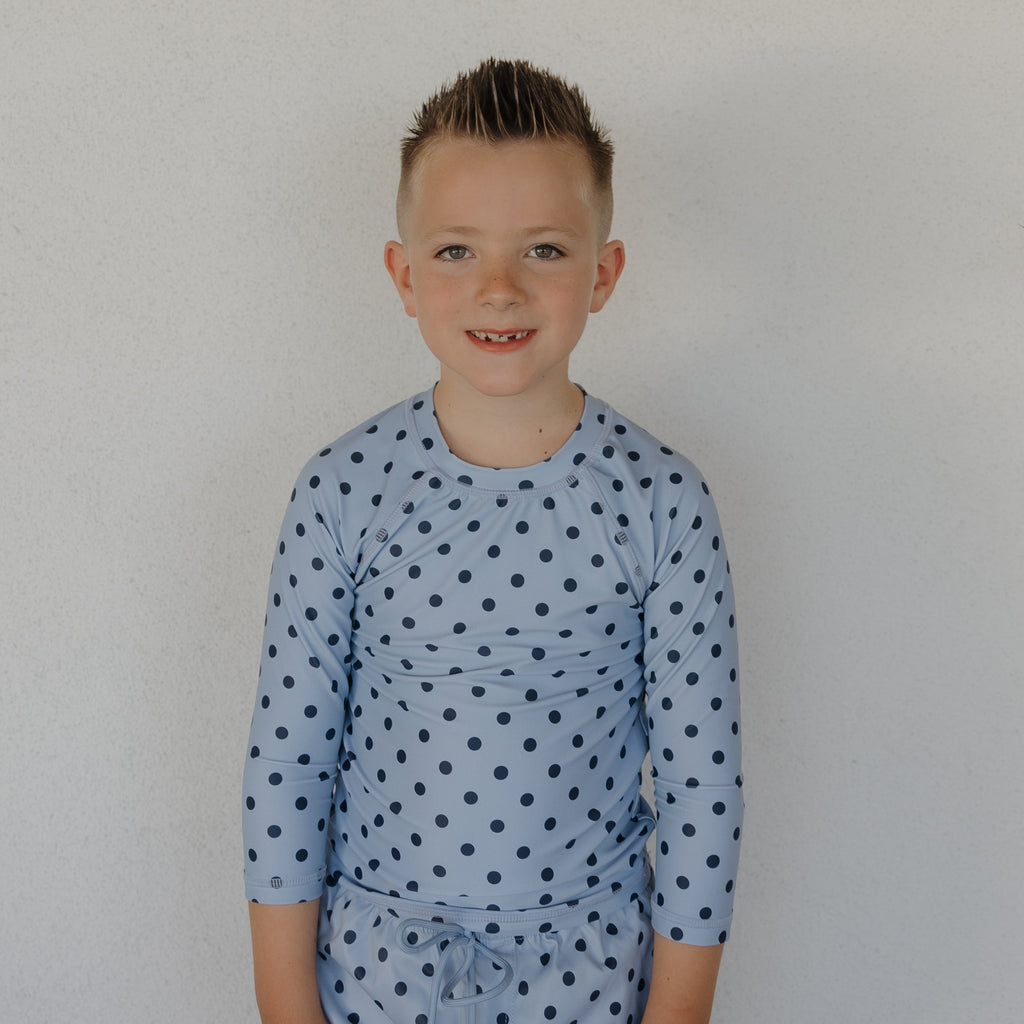 Kids Sully Rash Guard in Light Blue and Navy Blue Polka Dot