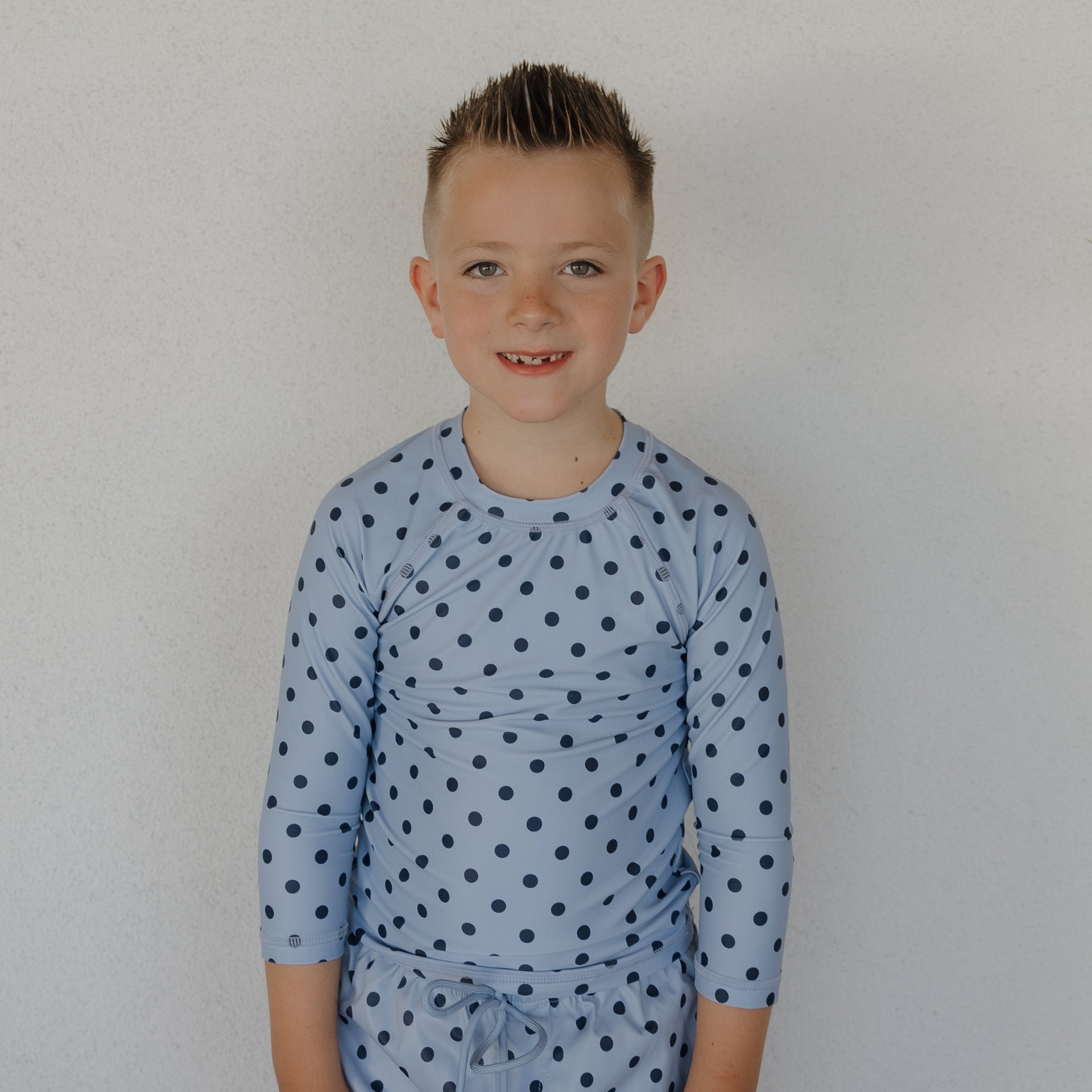 Kids Sully Rash Guard in Light Blue and Navy Blue Polka Dot